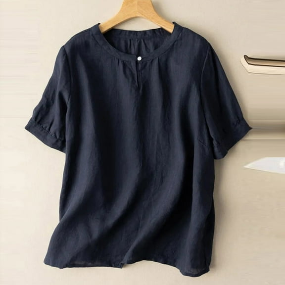 jtjvou Linen Shirt 2025 Summer Trendy Oversize Crewneck Cute Blouses Bohemian Short Sleeve Shirts Embroidered Tops Blue XXL