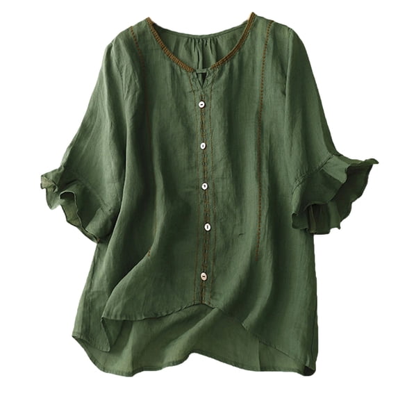 jtjvou Linen Shirts for Women Summer Embroidery Blouses with 3/4 Sleeve Elegant Petal Cuff Trendy V Neck Plain Tops,Green,XL