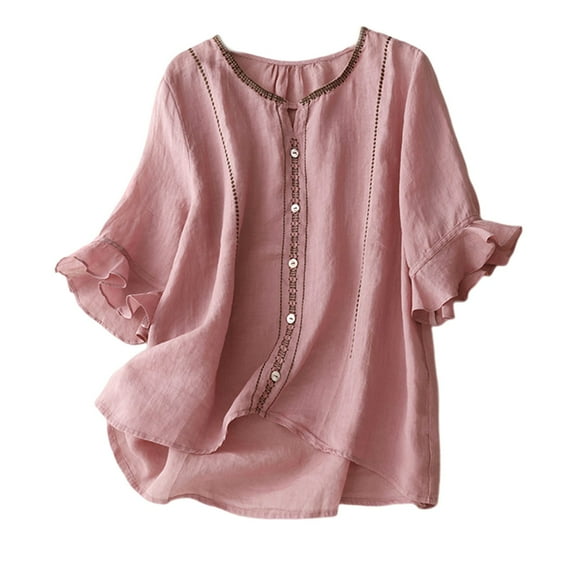 jtjvou Linen Shirts for Women Summer Embroidery Blouses with 3/4 Sleeve Elegant Petal Cuff Trendy V Neck Plain Tops,Pink,XL