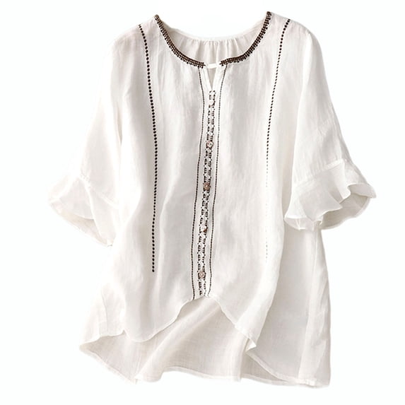 jtjvou Linen Shirts for Women Summer Embroidery Blouses with 3/4 Sleeve Elegant Petal Cuff Trendy V Neck Plain Tops,White,M