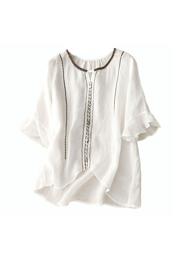 Linen Shirts for Women Summer Embroidery Blouses with 3/4 Sleeve Elegant Petal Cuff Trendy V Neck Plain Tops,White,XXL