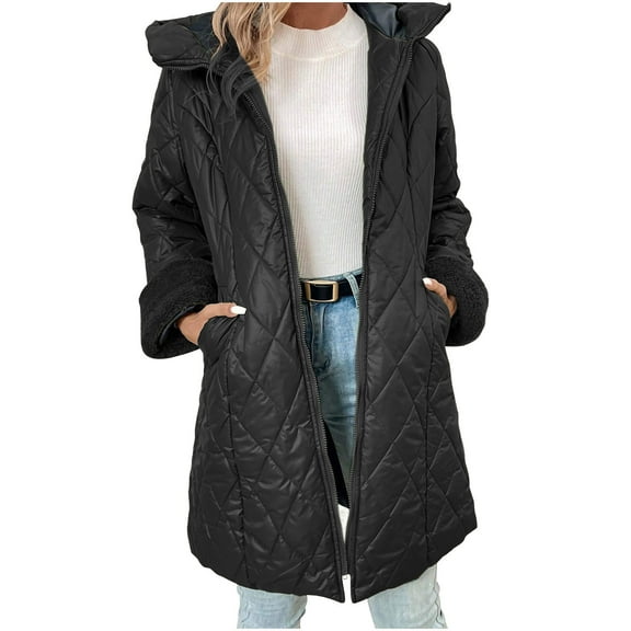 jtjvou Long Hooded Quilted Puffer Jackets for Women Winter Padded Down Coat Lightweight Versatile Warm Outerwear with Pockets Black S