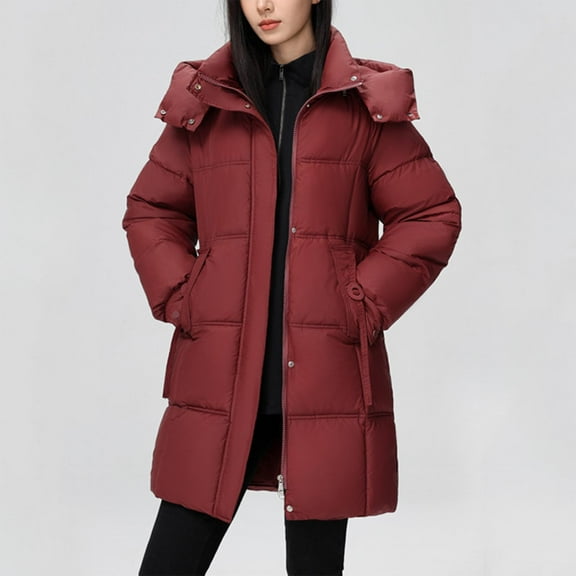 jtjvou Long Parka Puffer Jacket Women Long Sleeve Zip up Quilted Jacket Winter Length Padded Puffer Coat Outerwear Red M