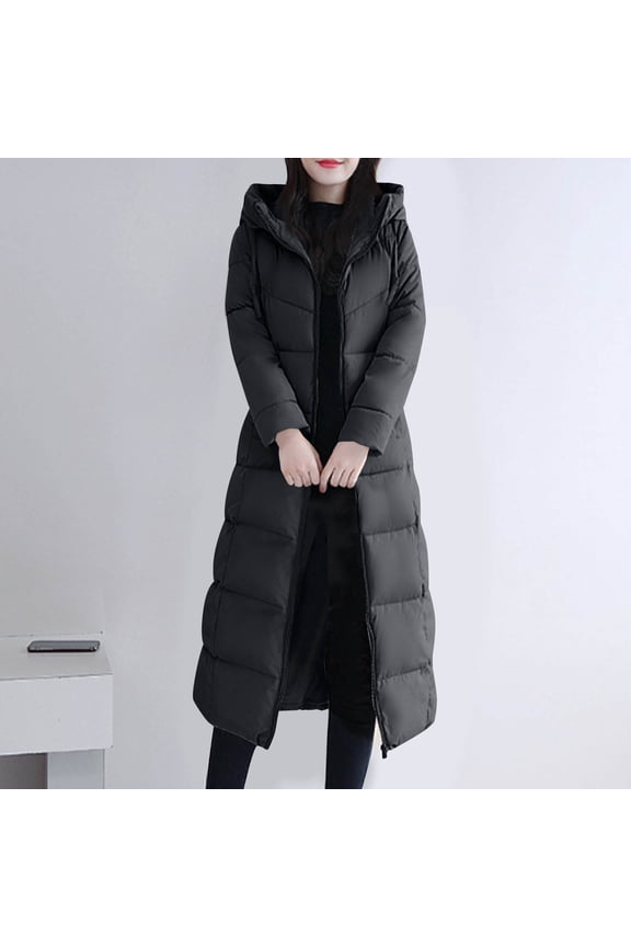 Long Puffer Jacket For Women Plus Size Zipper Hooded Jacket 2025 Winter Warm Thick Long Sleeve Quilted Coat Outerwear Black M