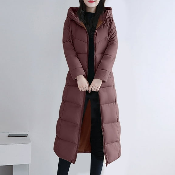 jtjvou Long Puffer Jacket For Women Plus Size Zipper Hooded Jacket 2025 Winter Warm Thick Long Sleeve Quilted Coat Outerwear Brown XXXXXL