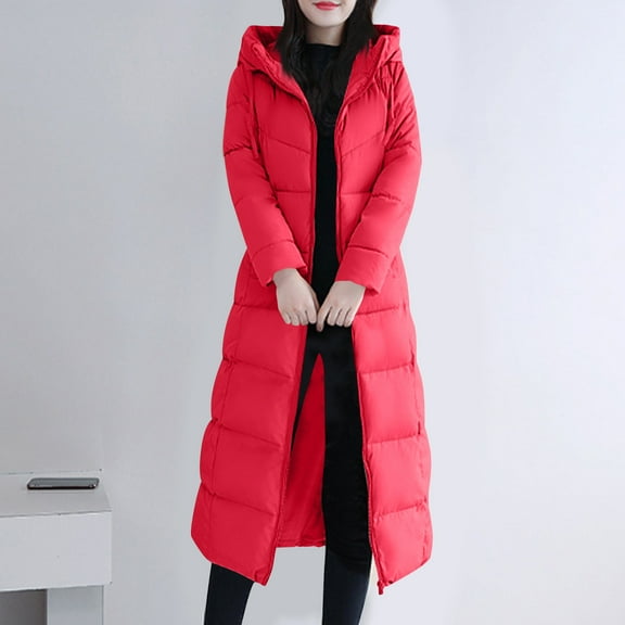 jtjvou Long Puffer Jacket For Women Plus Size Zipper Hooded Jacket 2025 Winter Warm Thick Long Sleeve Quilted Coat Outerwear Red L