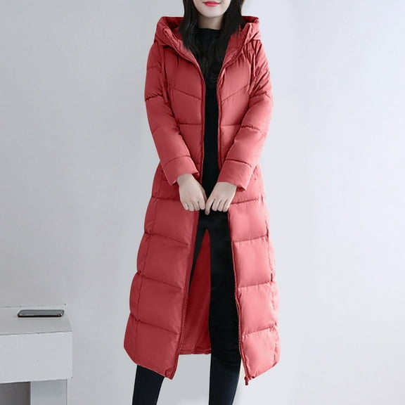 jtjvou Long Puffer Jacket For Women Plus Size Zipper Hooded Jacket 2025 Winter Warm Thick Long Sleeve Quilted Coat Outerwear Red XL