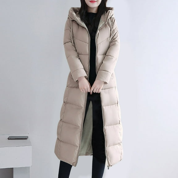 jtjvou Long Puffer Jacket For Women Plus Size Zipper Hooded Jacket 2025 Winter Warm Thick Long Sleeve Quilted Coat Outerwear Yellow L