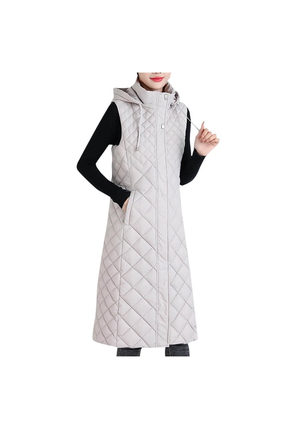 Long Puffer Vest Women Quilted Hooded Button Down Zip Up Sleeveless Vests Outerwear Padded Jacket Fall Winter Coat Gray XXXL
