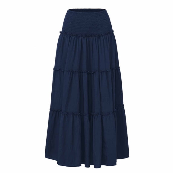 jtjvou Long Skirts for Women Summer Boho Elegant High Waisted Smocked Flowy Tiered Ruffle A-Line Beach Maxi Skirt Navy XL