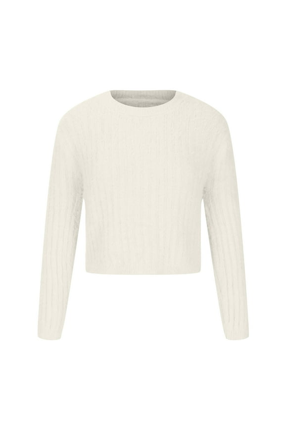 Long Sleeve Sweater Crop Tops for Women Fuzzy Crewneck Knitted Solid Color Sweaters Slim Fit Pullover Jumper Knitwear,White,S