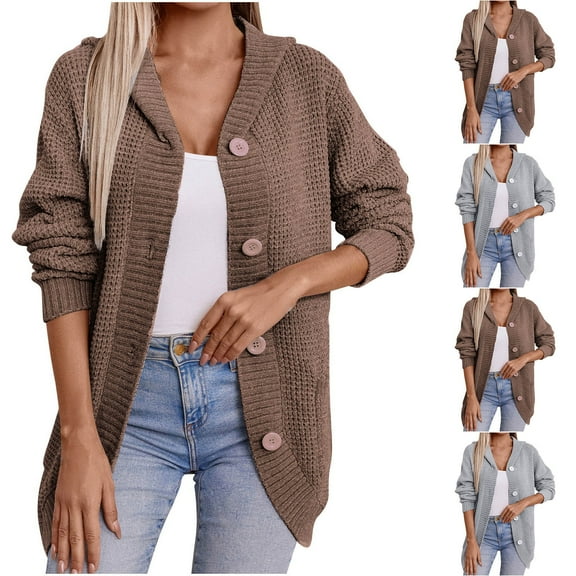 jtjvou Long Sweater Hoodies for Women Button Up Vintage Long Sleeve Cardigan Sweaters Oversized Cable Knit Outwear Coat Brown L
