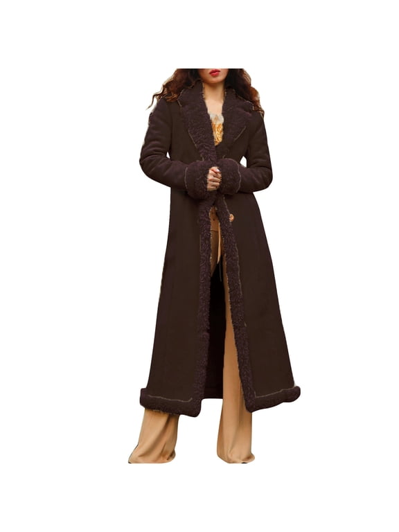 Long Winter Coats for Women Faux Suede Leather Shearing Jacket Fuzzy Lined Trench Coat Business Casual Overcoat Brown M