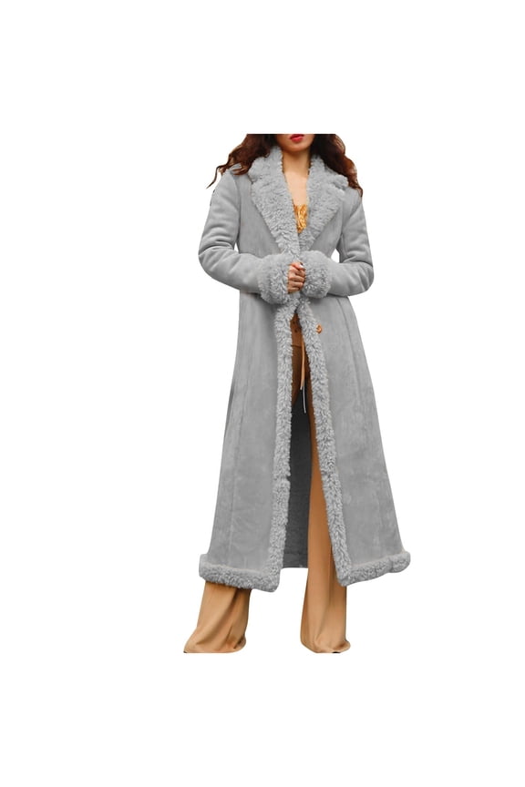 Long Winter Coats for Women Faux Suede Leather Shearing Jacket Fuzzy Lined Trench Coat Business Casual Overcoat Gray M