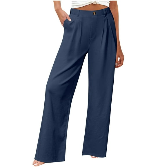 jtjvou Loose Casual Wide-leg Long Pants Comfortable Cotton Linen Elastic Waist Mid-rise Solid Pants Fashion for All Seasons Beach Vacation Summer Outfit Blue L