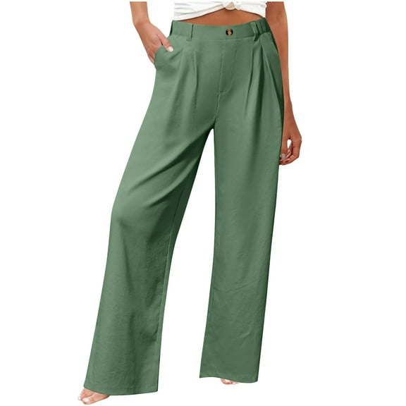 jtjvou Loose Casual Wide-leg Long Pants Comfortable Cotton Linen Elastic Waist Mid-rise Solid Pants Fashion for All Seasons Beach Vacation Summer Outfit Green S