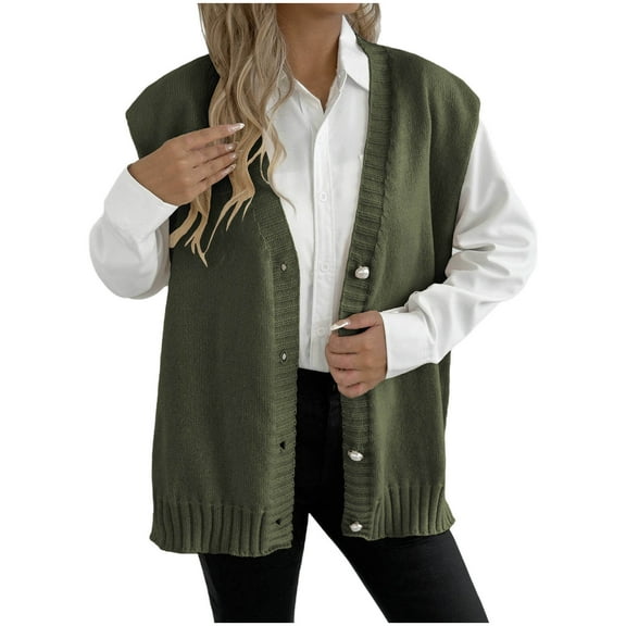 jtjvou Loose Sweater Vest for Women Knitted Button Up V Neck Sleeveless Casual 2025 Fall Cardigan Tank Tops Green Free Size