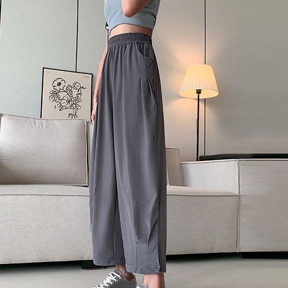 jtjvou Loose Wide Leg Pants High Waist Elastic Waist Sashes Casual Comfortable Fabric Daily Wear Ideal for Seaside Holidays Fashionable Relaxed Fit Women’s Pants Gray M