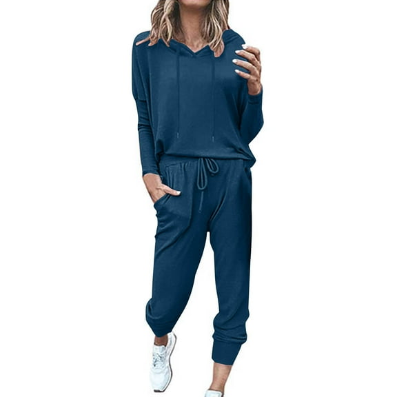 jtjvou Lounge Sets for Women Two Piece Travel Outfits Sweatsuits 2 Piece Fashion 2025 Trendy Pajamas Blue L
