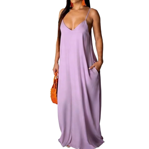 jtjvou Maxi Dresses for Women Summer Deep V Spaghetti Strap Sleeveless Baggy Beach Coverups Backless Dress with Pockets Purple XXXL
