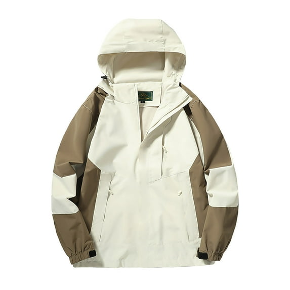 jtjvou Men's Color Block Fashion Raincoat Lightweight Fall Rain Jackets Waterproof with Hood Packable Rain Coat Windbreaker Athletic Jacket Trendy Outdoor Jackets with Pockets Beige XXXL