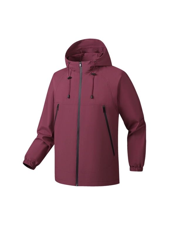 Men's Rain Jackets Waterproof with Hood Lightweight Athletic Jacket Fall Fashion Raincoat Solid Color Trendy Outdoor Jackets with Pockets Ski Camping Soft Shell Jacket Windbreaker Red XL