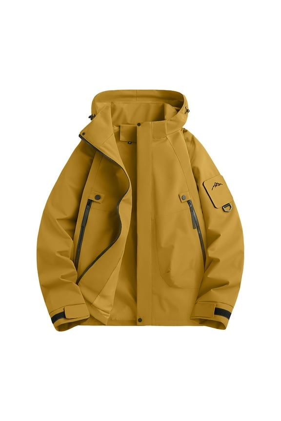 Men's Ski Camping Soft Shell Jacket Windbreaker Lightweight Athletic Jacket Fall Fashion Raincoat Waterproof with Hood Trendy Outdoor Jackets with Pockets Solid Color Yellow S