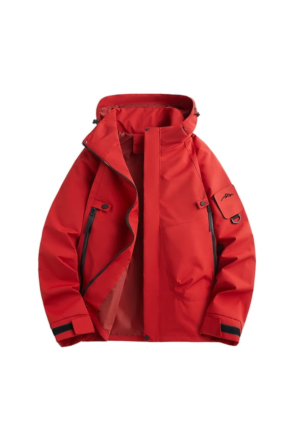 Men's Ski Camping Soft Shell Jacket Windbreaker Lightweight Athletic Jacket Fall Fashion Raincoat Waterproof with Hood Trendy Outdoor Jackets with Pockets Solid Color Red M