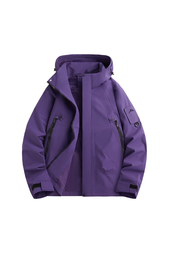 Men's Ski Camping Soft Shell Jacket Windbreaker Lightweight Athletic Jacket Fall Fashion Raincoat Waterproof with Hood Trendy Outdoor Jackets with Pockets Solid Color Purple L