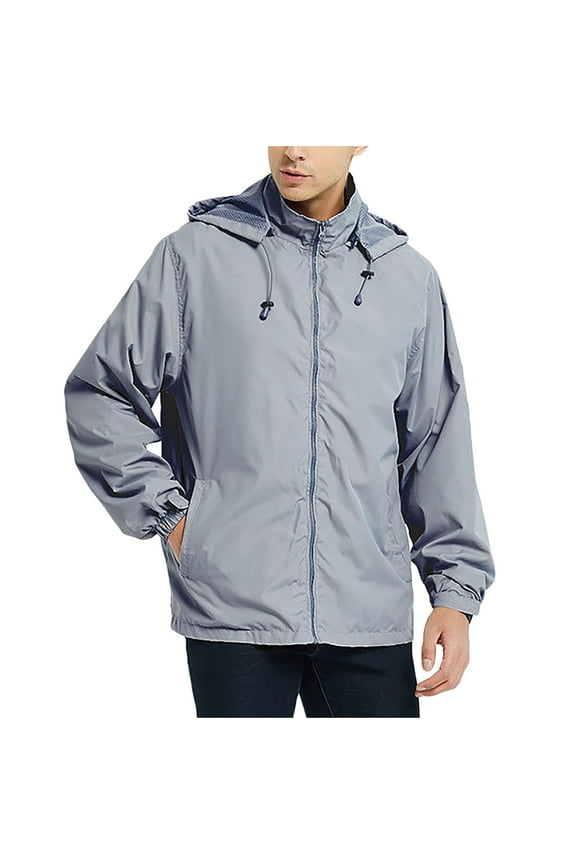 Men's Trendy Outdoor Jackets with Pockets Fashion Raincoat Lightweight Athletic Jacket Packable Rain Coat Windbreaker Rain Jackets Waterproof with Hood Solid Color Fall Dark Gray M