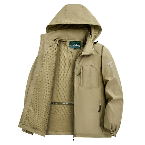 jtjvou Mesh Lined Sports Jacket for Men Solid Color Hooded Jackets for Men Lightweight Fall Coat with Pockets Zipper Hiking Jacket Khaki XL