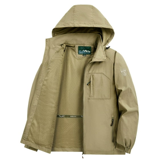 jtjvou Mesh Lined Sports Jacket for Men Solid Color Hooded Jackets for Men Lightweight Fall Coat with Pockets Zipper Hiking Jacket Khaki XXXXL