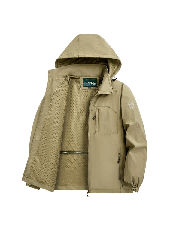 Mesh Lined Sports Jacket for Men Solid Color Hooded Jackets for Men Lightweight Fall Coat with Pockets Zipper Hiking Jacket Khaki XXXXL