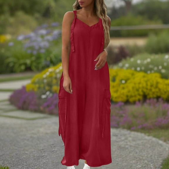 jtjvou Overalls For Women Loose Fit Wide Leg Jumpsuits Casual Oversized Rompers Long Cargo Pants With Pockets 2025 Red L
