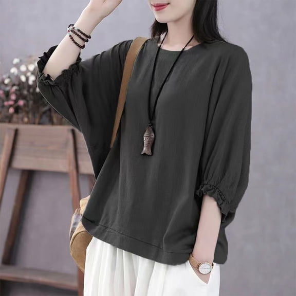 jtjvou Oversized Casual Women Top Round Neck 3/4 Sleeve Soft Comfortable Imitation Linen Elegant Fashion Shirt Daily Wear Summer Vacation Top Black M
