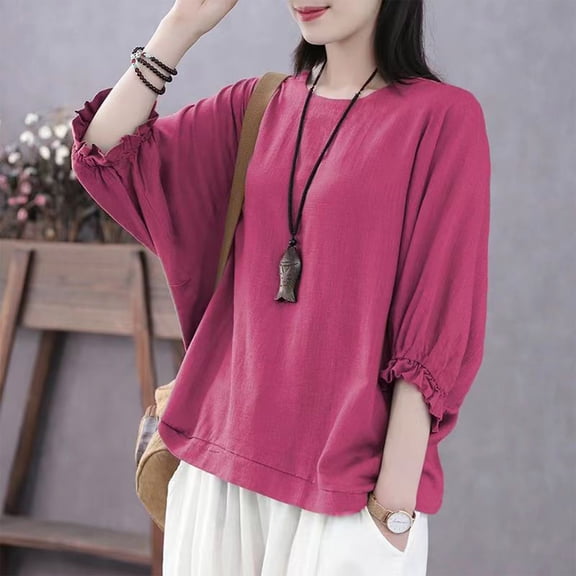 jtjvou Oversized Casual Women Top Round Neck 3/4 Sleeve Soft Comfortable Imitation Linen Elegant Fashion Shirt Daily Wear Summer Vacation Top Pink L