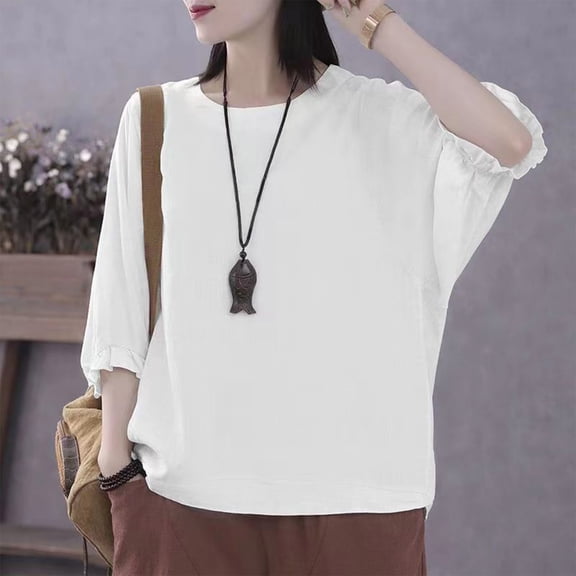 jtjvou Oversized Casual Women Top Round Neck 3/4 Sleeve Soft Comfortable Imitation Linen Elegant Fashion Shirt Daily Wear Summer Vacation Top White XL