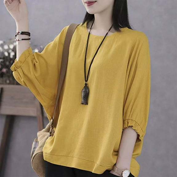 jtjvou Oversized Casual Women Top Round Neck 3/4 Sleeve Soft Comfortable Imitation Linen Elegant Fashion Shirt Daily Wear Summer Vacation Top Yellow XL
