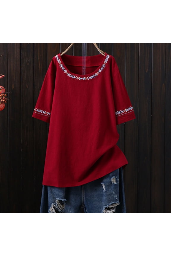 Oversized Cotton Shirts for Women Short Sleeve Vintage Embroidery Crew Neck Tops Summer Loose Casual Dressy Blouses Red XXXXL