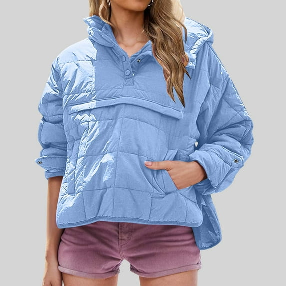 jtjvou Oversized Puffer Jacket for Women Long Sleeve Hooded Pullovers Casual Lightweight Winter Warm Quilted Coat Tops Blue XXL