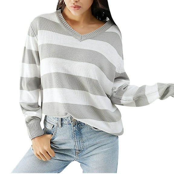 jtjvou Oversized Trendy Striped Sweater Tops for Women Long Sleeve V-Neck Casual Pullover 2024 Trendy Fall Outfits,Gray,M