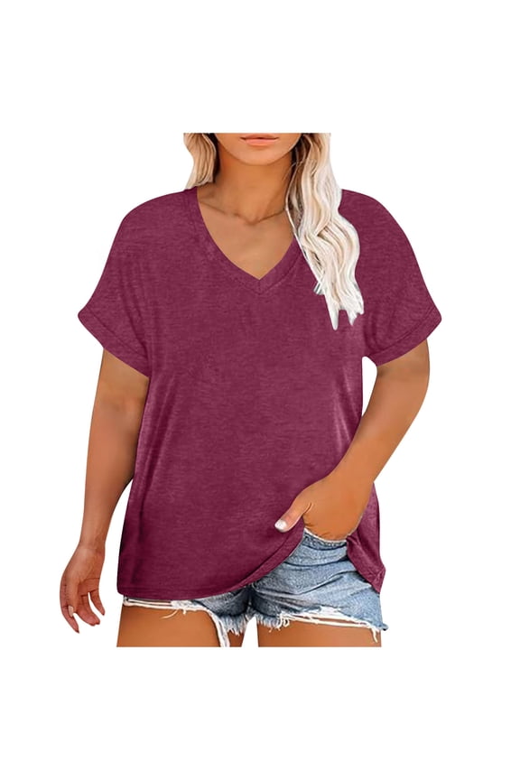 Oversized V-neck Short Sleeve Solid Color T-shirt Comfortable Casual Wear Summer Tops for Women Home Daily Fashion Essentials Red XL