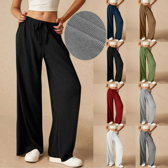 jtjvou Pants for Women Cable Knit Lounge Pants Elastic High Waist Palazzo Pants Casual Wide Leg Pants with Pockets Black L