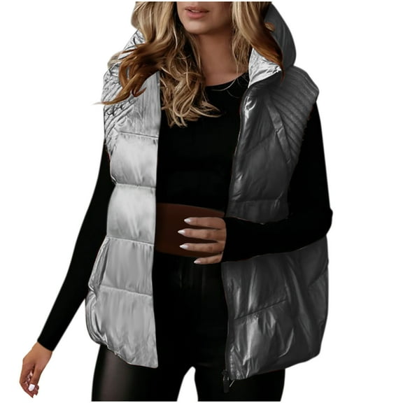 jtjvou Plus Size Puffer Vest Women Lightweight Hooded Quilted Sleeveless Jackets Winter Zipper Down Gilet Warm Waistcoat Gray XXXL