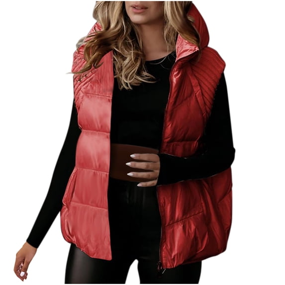 jtjvou Plus Size Puffer Vest Women Lightweight Hooded Quilted Sleeveless Jackets Winter Zipper Down Gilet Warm Waistcoat Red S