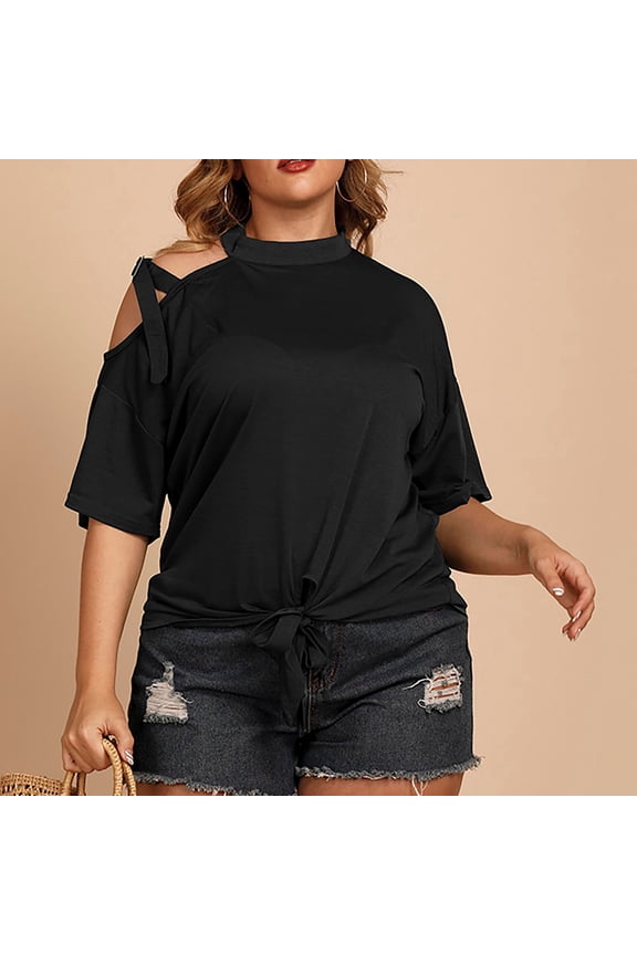 Plus Size Women's Off Shoulder Summer Tops Dressy Tie Front Loose Short Sleeve Casual Tunic Blouse Shirts Black XXXXXL