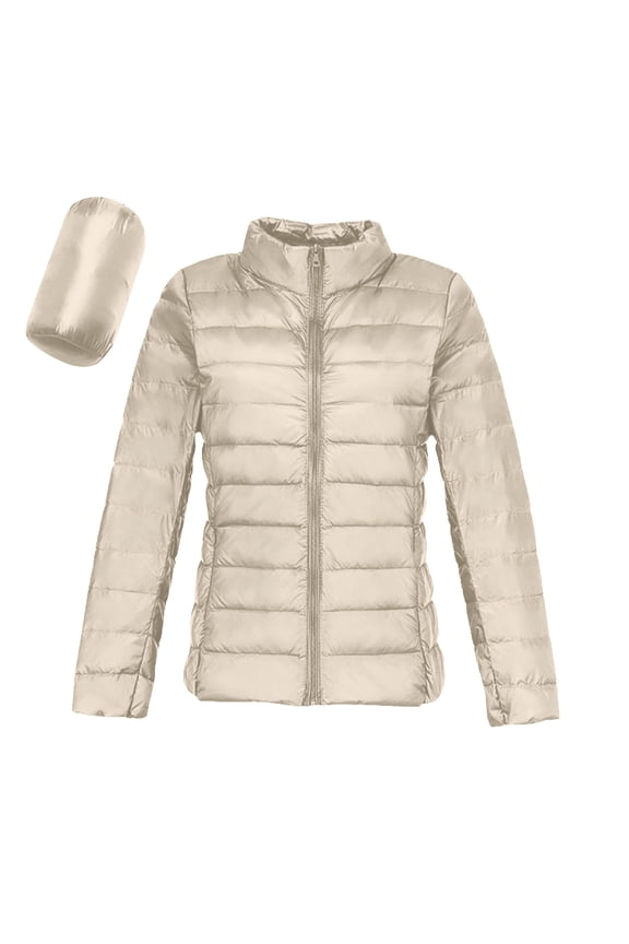 Puffer Jacket Women Casual Warm Lightweight Down Jackets Packable Solid Color Puffer Coats Beige S