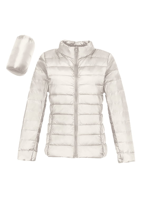 Puffer Jacket Women Casual Warm Lightweight Down Jackets Packable Solid Color Puffer Coats White L