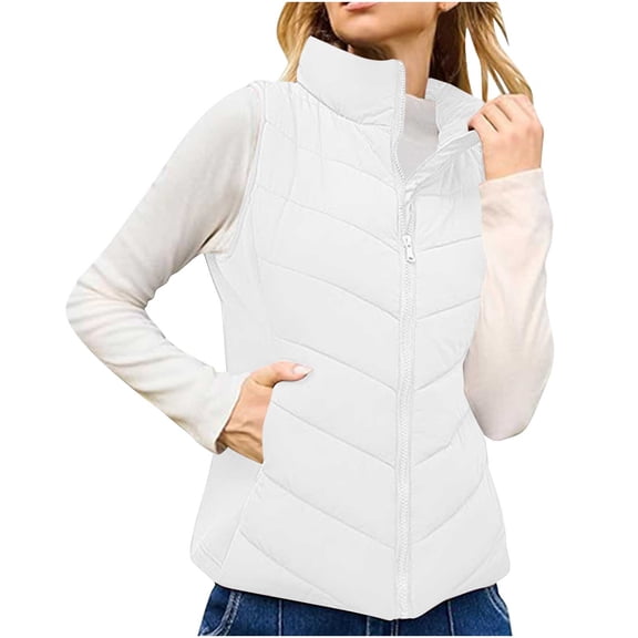 jtjvou Puffer Vest Women Sleeveless Zip Up Outerwear Stand Collar Quilted Vest Warm Winter Jackets Coats with Pocket White S
