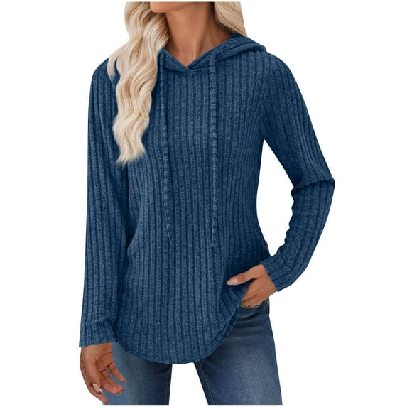 jtjvou Pullover Sweaters for Women Hoodie Long Sleeve Shirts Soft Ribbed Knit Pullover Lightweight Cozy Curved Hem Fall Tops Blue M